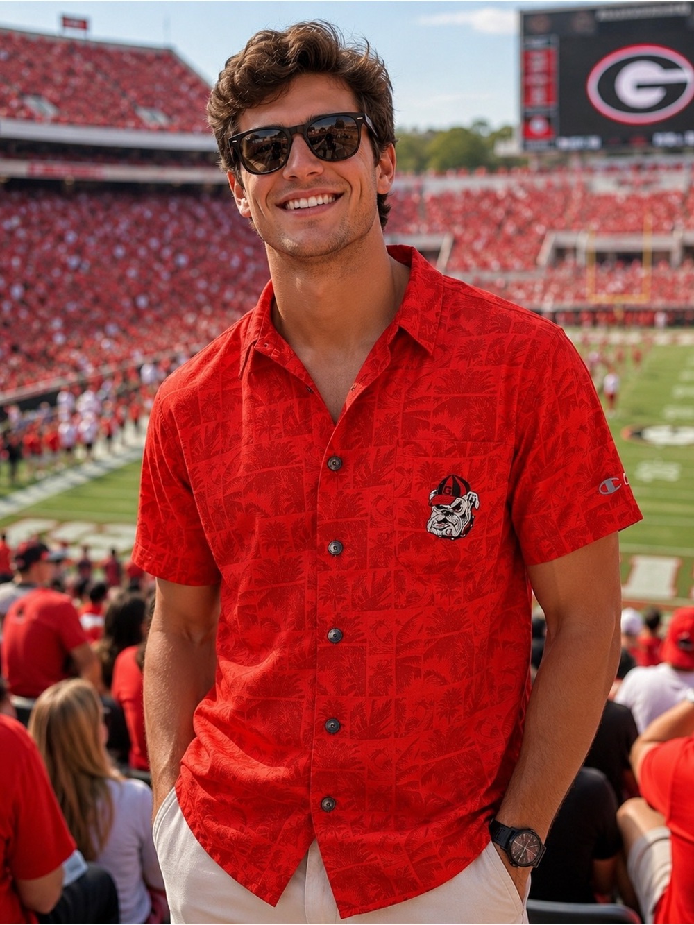 NWT Champion Georgia Bulldogs NCAA Woven Camp Shirt Red Men’s Small